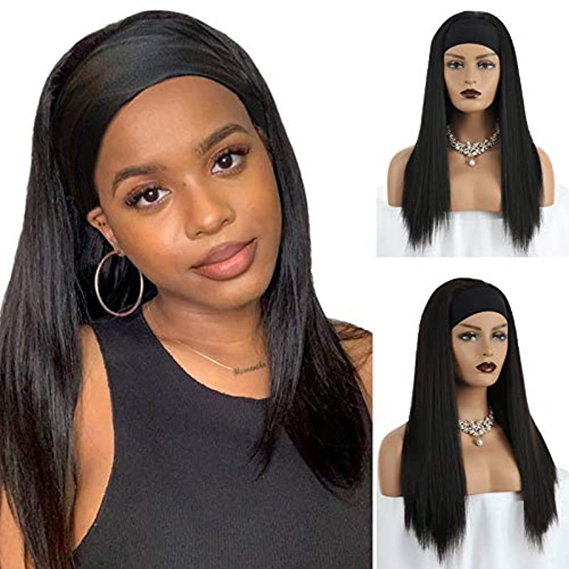 16inch Silky Straight Headwarp Wig Long Black Headband Wig Synthetic Long Straight Wigs with Natural Looking +Free Wig Cap+2Pcs Headband Gifts