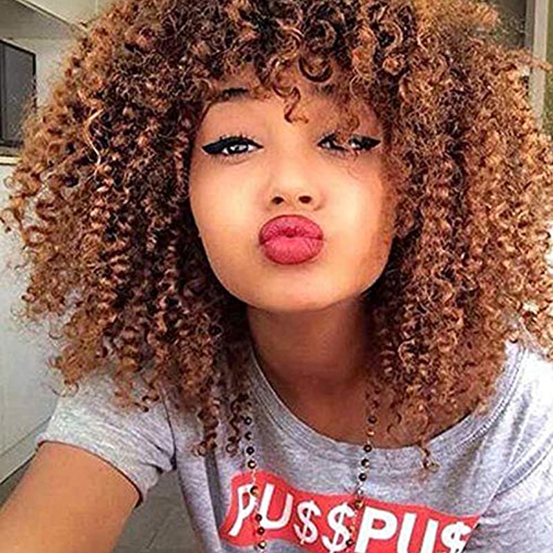 Afro Wigs for Black Women Short Curly Afro Wig With Bangs Ombre Dark Brown Kinky Curly Wig Synthetic Heat Resistant Full Wig