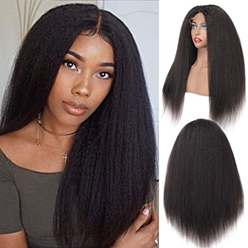 BLISSHAIR Kinky Straight Brazilian Hair Wig Glueless Yaki 100% Virgin Human Hair Lace Frontal Wigs with Baby Hair for Black Women(14inch)