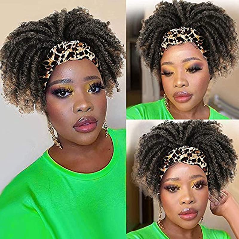 ChuYao Headband Curly Wigs for Black Women Afro Kinky Curly Wigs Short Black Dreadlocks Headband Wigs Leopard Headband Curly Hair Wigs Turban Scarf Wigs Drawstring African Headband Wigs Wrap