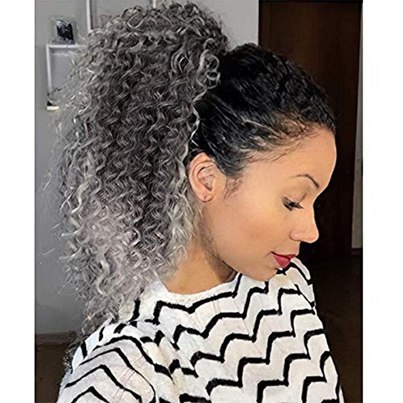 ColorfulPanda Drawstring Ponytail Hair Extension Afro Ponytail Kinky Curly Ombre Color Synthetic Curly Hair Extension Curly Ponytail with Clip-in Hairpiece (16 Inches,Ombre Grey)