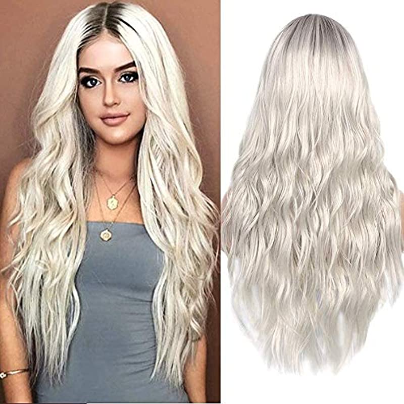 ColorfulPanda Realistic Looking Platinum Blonde Curly Wavy Wigs with Dark Roots Ombre Heat Resistant Synthetic Hair Wigs for Women Middle Parting None Lace Front Wig