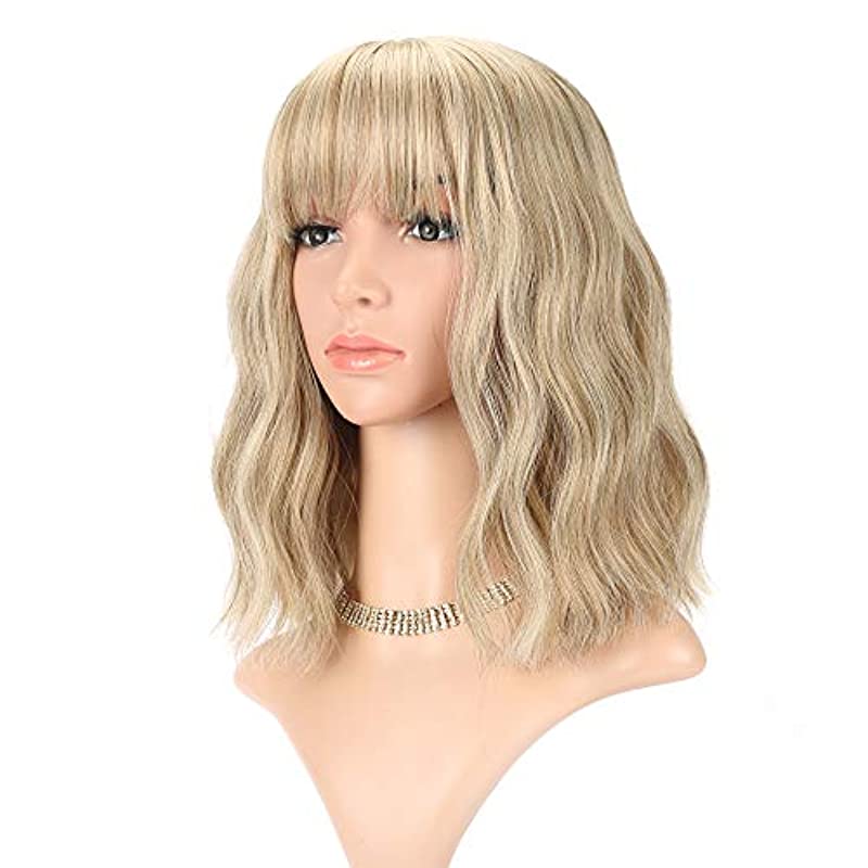 FAELBATY Loose Wave Blonde Wig Short Bob Wigs With Air Bangs Shoulder Length Women's Short Wig Curly Wavy Synthetic Cosplay Wig for Girl Costume Wigs Mix blonde and gold color