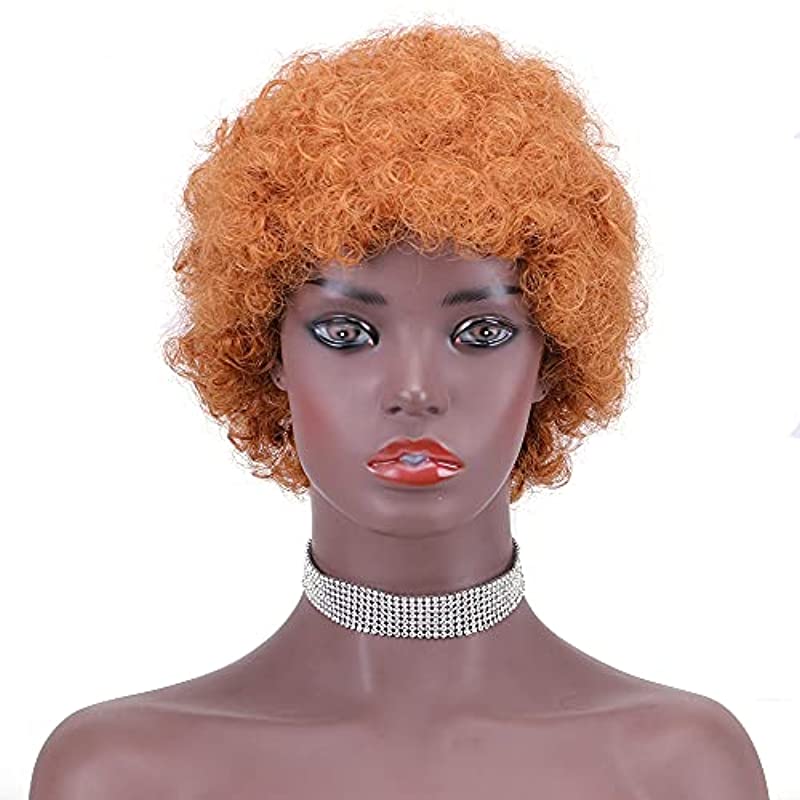 HeneiKecci Short Human Hair Afro Curly Kinky Wig for Black Women with Bangs Bouncy and Soft Natural Looking Fluffy Afro Wig Remy Hair 150% Density 6inch (Orange)