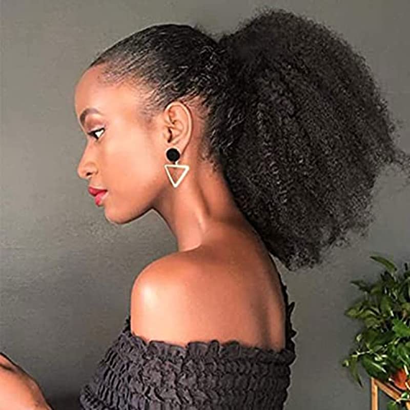 Human Hair Kinky Curly Drawstring Ponytail Extension Afro Puff Kinky Ponytail for Black Women Wrap Drawstring Ponytail Hairpiece Thick with Clip in Binding Pony Tail 12 Inch