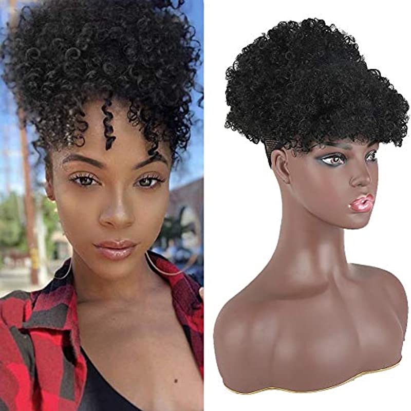 KRSI Afro Puff Drawstring Ponytail Bun with Bangs Synthetic Short Kinky Curly Ponytail Updo Hair Extensions with Two Clips Natural looking Curly Women Hairpieces(1B)