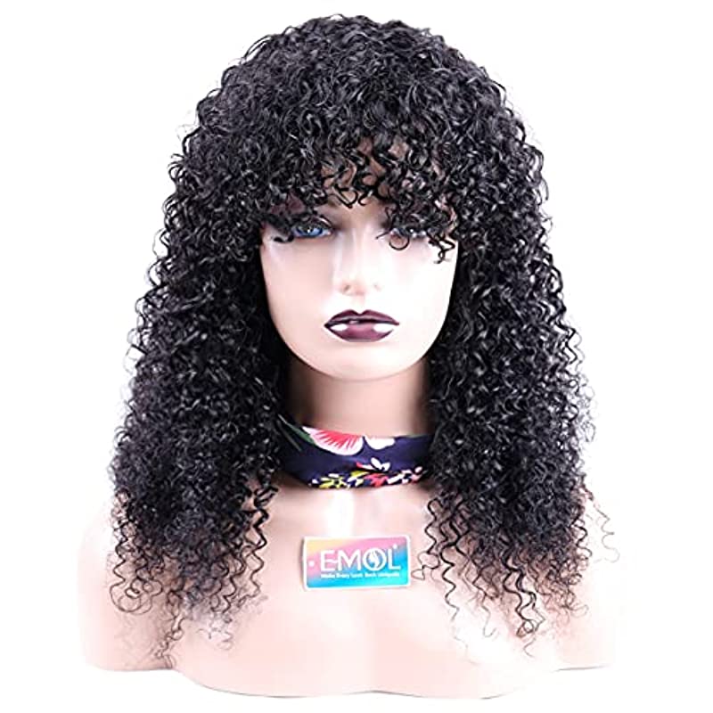 Kinky Curly Human Hair Wigs with Bangs 16 Inch Curly Wigs For Black Women Kinky Curly Wig Easy Wear Glueless Machine Made Half Wig for Women Natural Color EMOL Hair