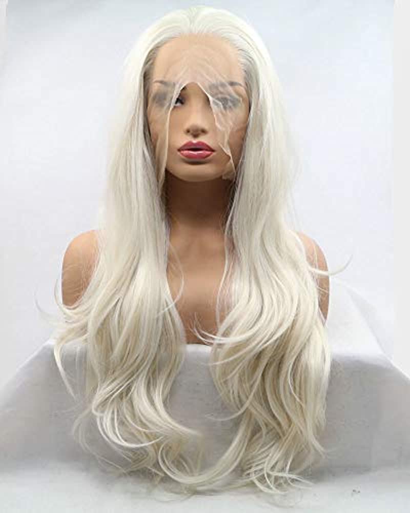 Long Hair Body Wave High Temperature Natural Hairline Free Part 60# White Blonde Color Synthetic Lace Front Wigs for Women Girls Replacement Wedding Wigs Hair 180% Density Natural Looking 26