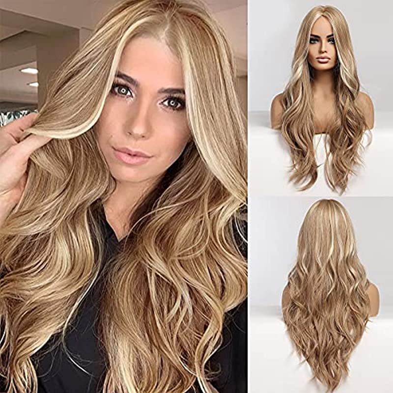 Long Wavy Wigs Strawberry Blonde Wigs for Women, Natural Heat Resistant Hair Middle Part Wigs for Daily/Party/Cosplay (28 Inch,Blonde)