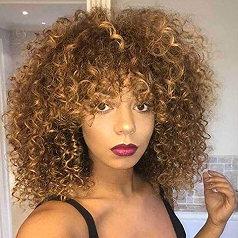 Mixed Brown & Blonde Hair Color Fiber High Synthetic Hair Synthetic Short Hair Afro Kinky Curly Wigs for Black Women …