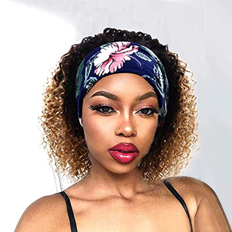 Ombre Headband Wigs Curly for Women Afro Kinky Curly Ombre Blonde Human Hair Wigs Machine Made Glueless None Lace Front Wigs Short Colored Wigs (10