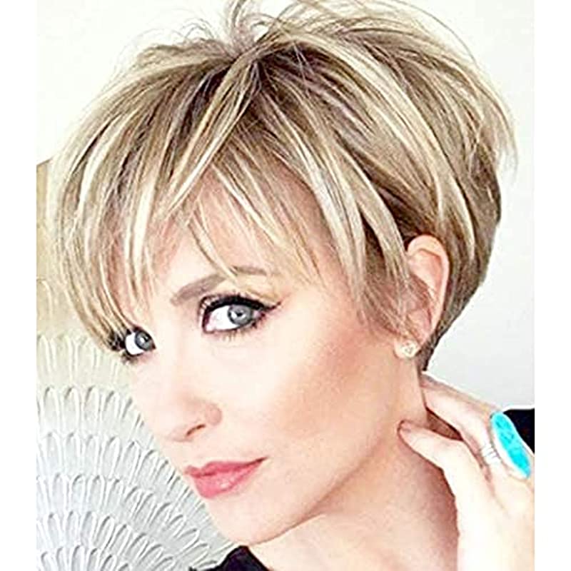 Queentas Short Wig Mixed Blonde Pixie Wig Layer Nature Hair with Bangs Heat Resistant Synthetic Wig Full Wigs for Women and Girls