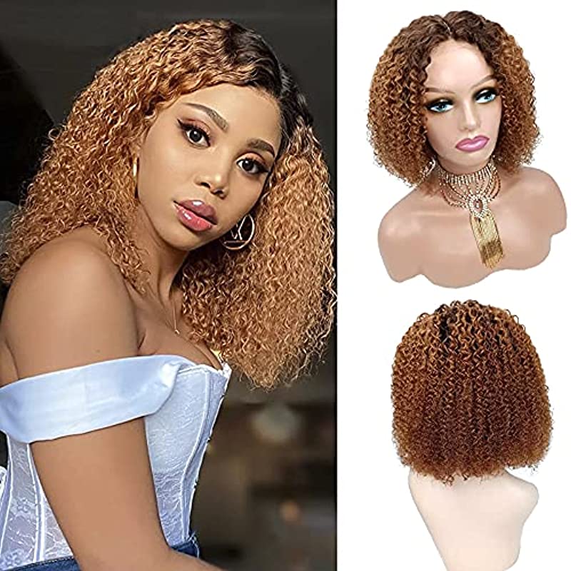 SAGA QUEEN 4x1 T Part Lace Front Wigs Human Hair 4/30 Ombre Brown Brazilian Kinky Curly Lace Closure Human Hair Wigs for Black Women Middle Part Ombre colored Wig (14 Inch)