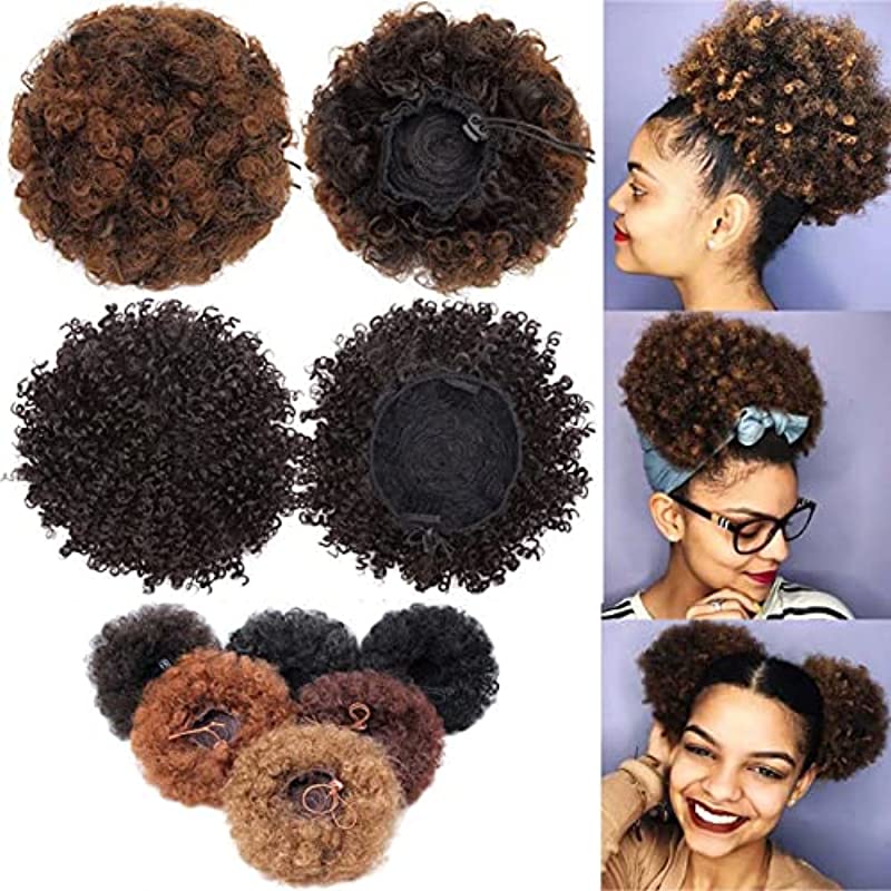 Short Afro Kinky Curly Hair Updo Wrap Synthetic Hair Drawstring High Puff Ponytail Hair Extension Afro Bun for Natural Hair - Natural Black