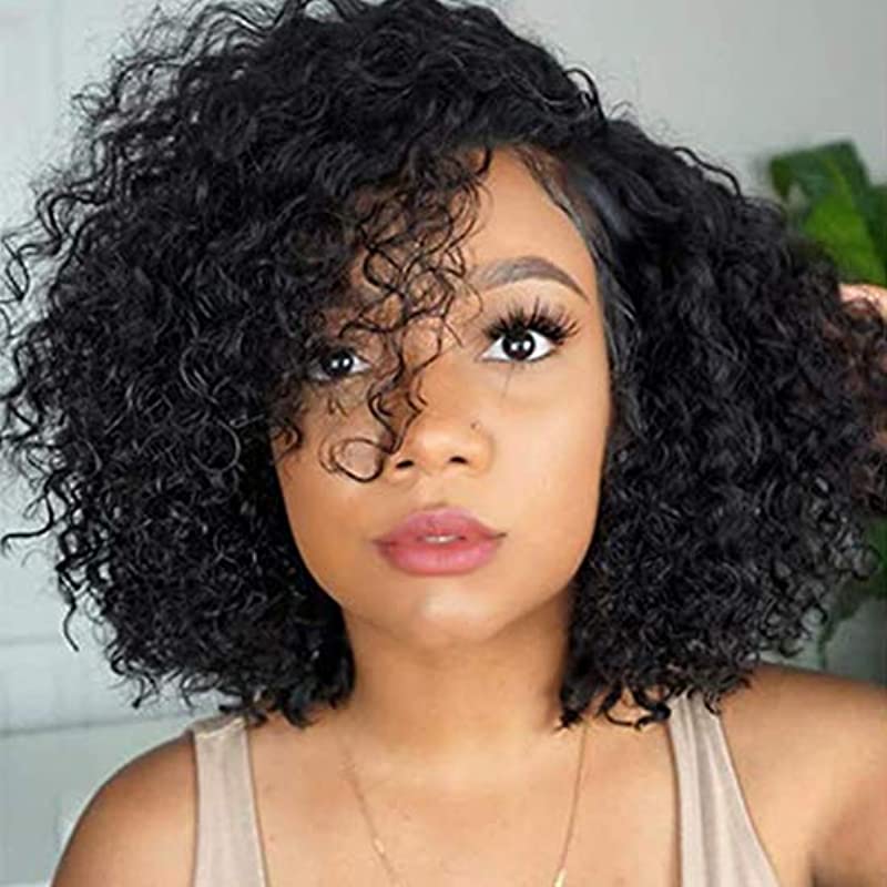 Short Curly Bob Human Hair Wigs 100% Unprocessed Glueless Brazilian Virgin Human Hair Wigs Bouncy Hair Black Kinky Curly Glueless Machine Made Non Lace Front Wigs 12 inch