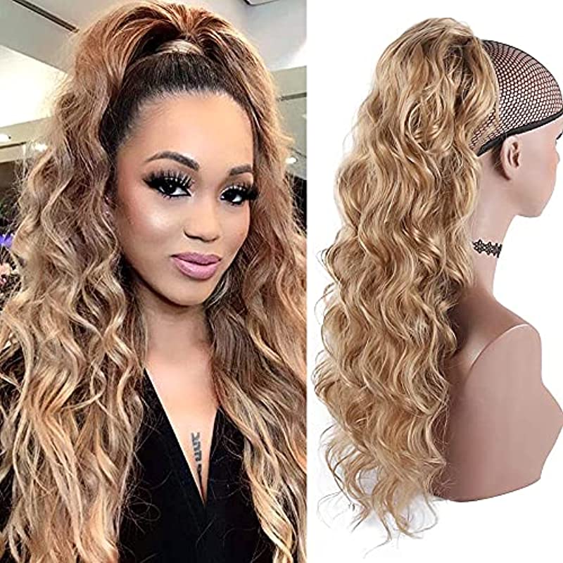 YEESHEDO Brown Blonde Long Wavy Ponytail Hair Extension for Women Drawstring Ponytail Hair Extensions Clip in Curly Synthetic Hairpiece 24