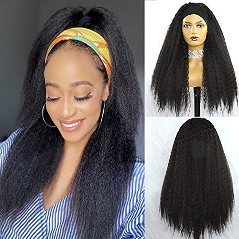 YYsoo Long Kinky Straight Natural Black Headband Wigs for Black Women 2 in 1 Headwrap Synthetic Yaki Futura Heat Resistant Fiber Turban Wig for Girls Daily Use