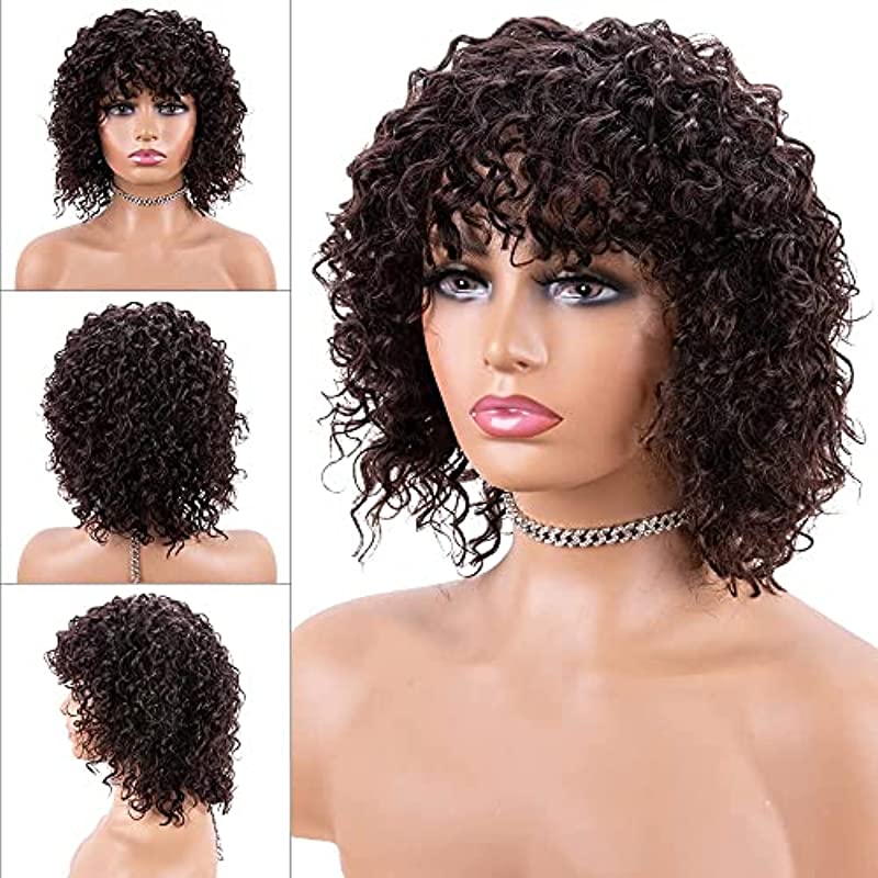 iShine Short Curly Human Hair Wigs for Women Kinky Curly Wig With Bangs Brazilian Hair Deep Wave Curly Brown Wigs for Black Women 12 Inch - Darkest Brown (2)